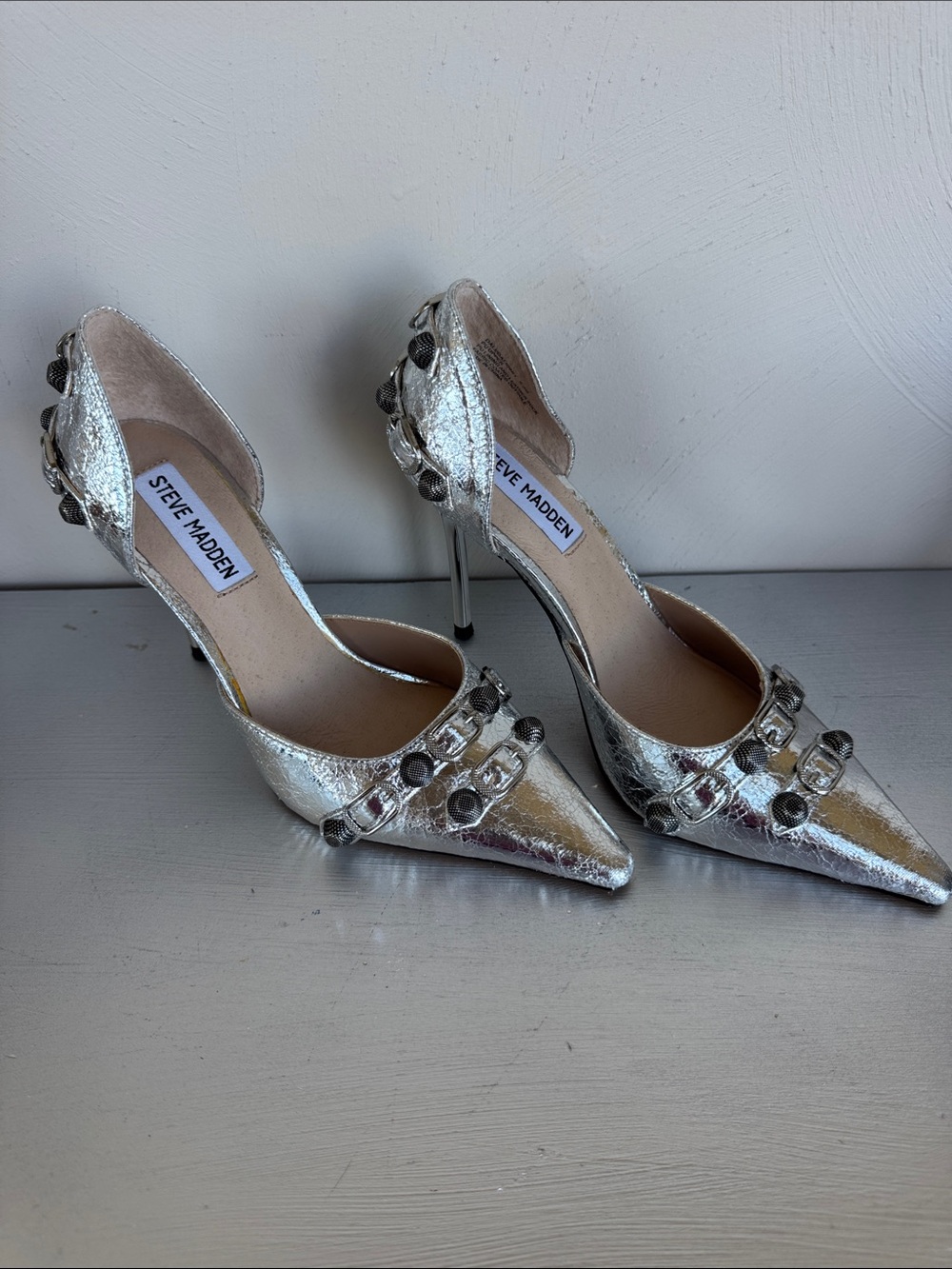 Steve Madden Metallic Silver Pointed D'Orsay Pumps with Gem Accents